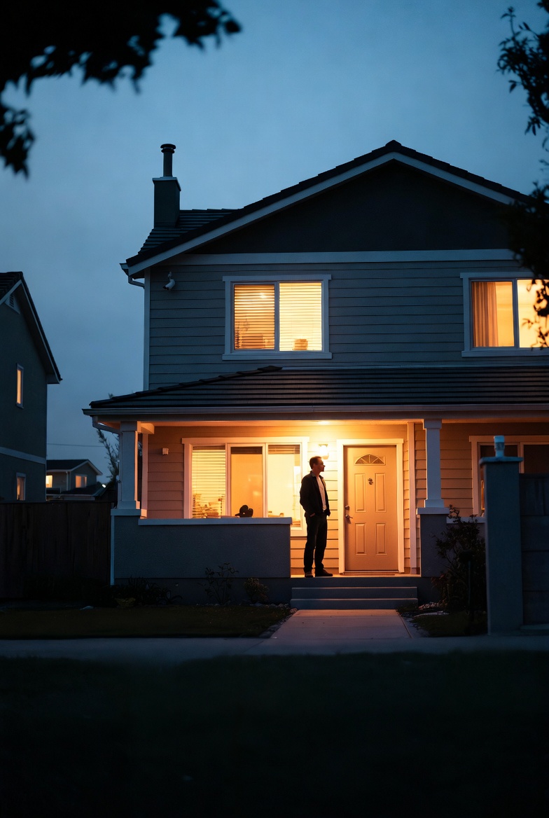 Middle-aged male veteran standing on the porch of a suburban family home at dusk, with warm lights on and visible home security features including cameras and reinforced doors.